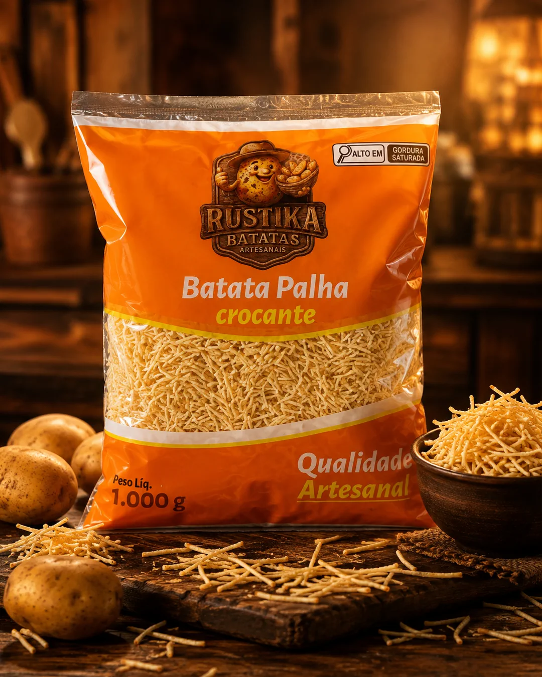 Pacote de um quilo de batata palha Rústika