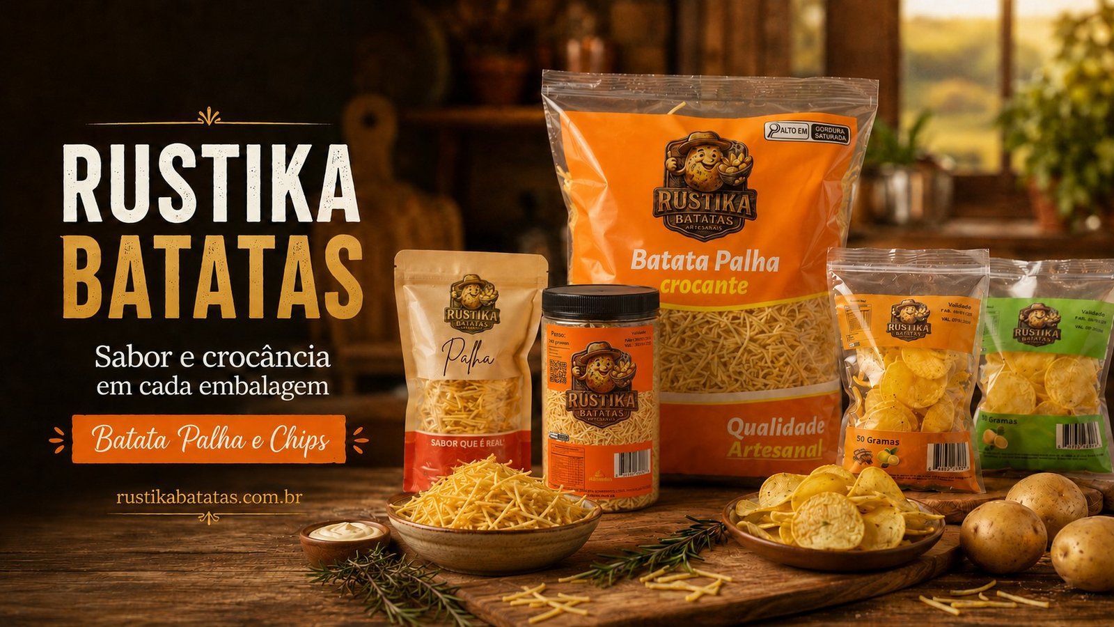 Rustika Batatas — sabor e crocância em cada embalagem. Batata Palha e Chips.